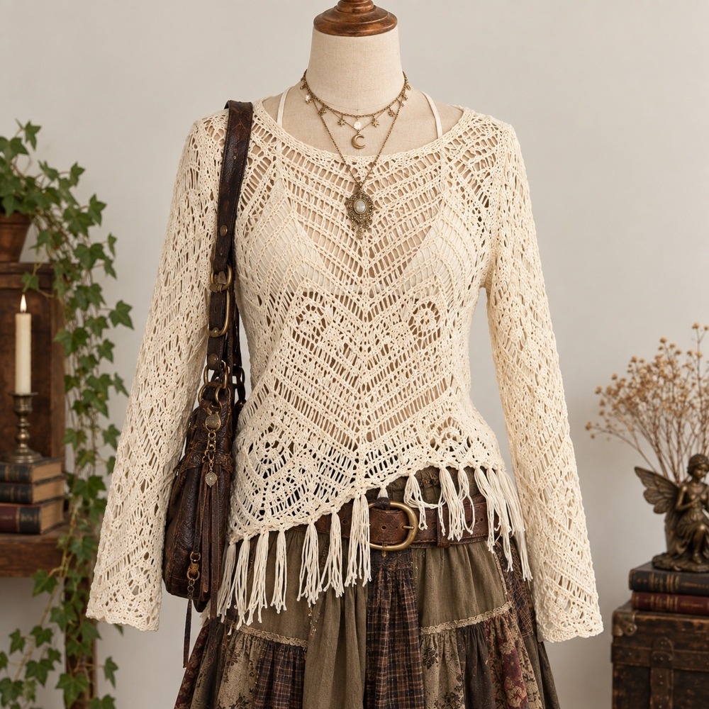 Boho Fairy Grunge Crochet Fringe Sweater Sz M Cream Ethereal Hippie Festival